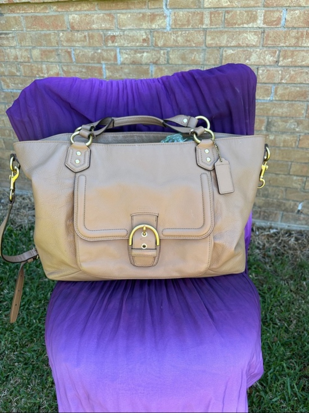 Coach Beige/Tan Leather Buckle Front Tote